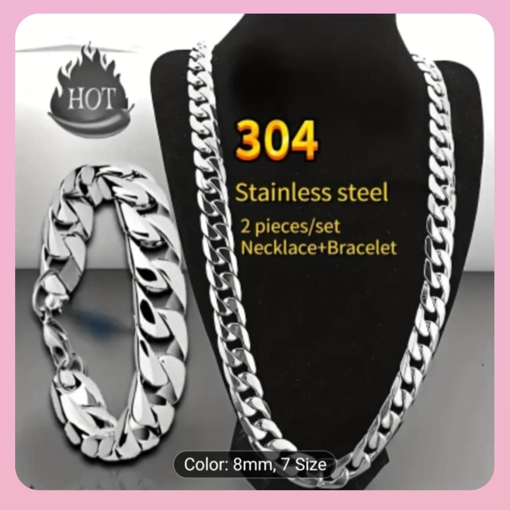 Men's Stainless Steel Necklace and Bracelet Set - Silver